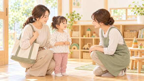 保護者と子どもを保育スタッフが迎える、一時預かりのイメージ
